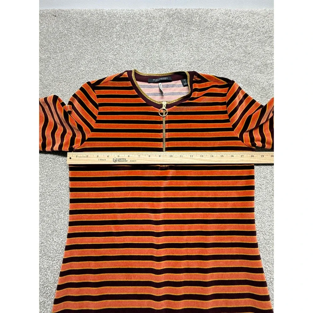 Scotch Soda Maison Striped Velvet‎ Zip Neck Dress Orange Burgundy M